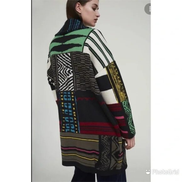 Anthro Aldomartins Wool Alpaca Mixed Design Long Cardigan Sweater Coat US 4 - Picture 2 of 8